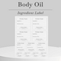Body oil ingredient label