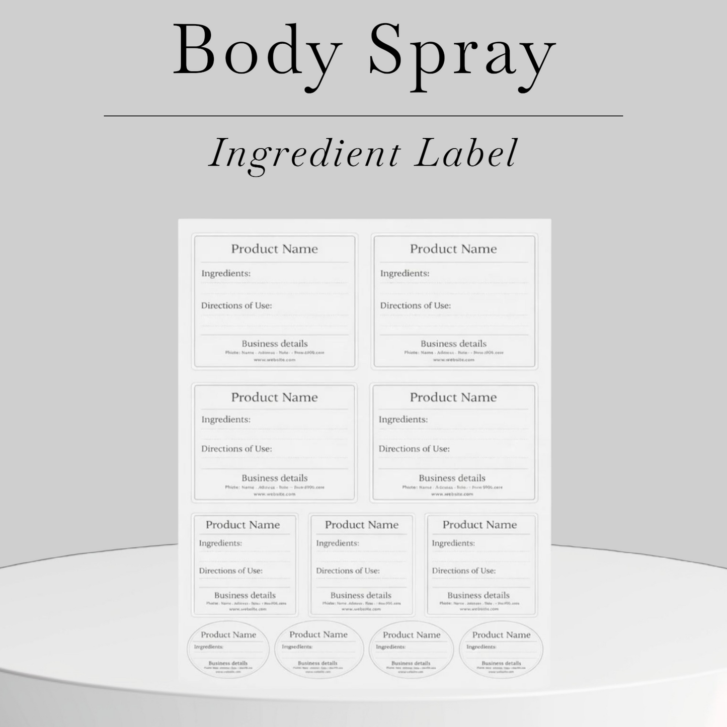 Body spray ingredient label
